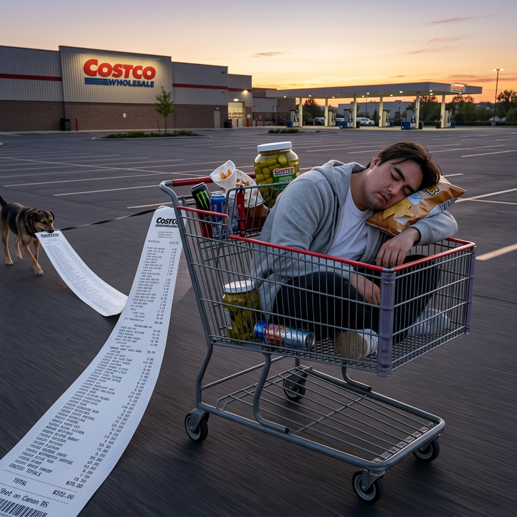 Passed out in a shopping cart in a Costco parking lot at sunrise, receipt trailing behind