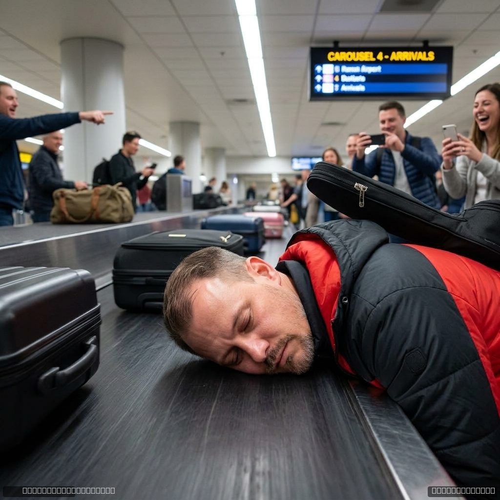 Asleep face-down on a baggage carousel at the airport, going around and around