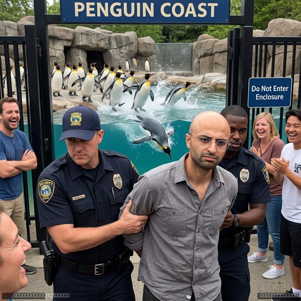 Being escorted out of a zoo for trying to get into the penguin enclosure, penguins fleeing