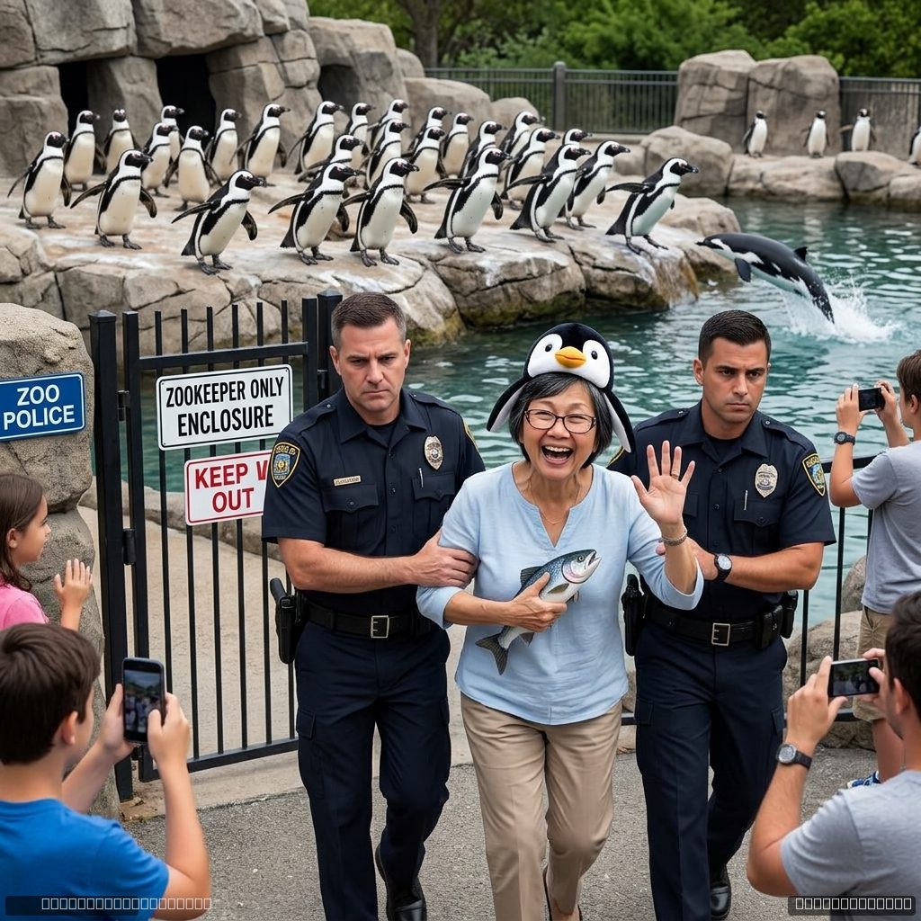 Being escorted out of a zoo for trying to get into the penguin enclosure, penguins fleeing