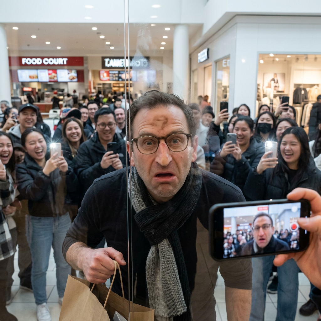 Walking face-first into a glass door at a packed mall, everyone filming