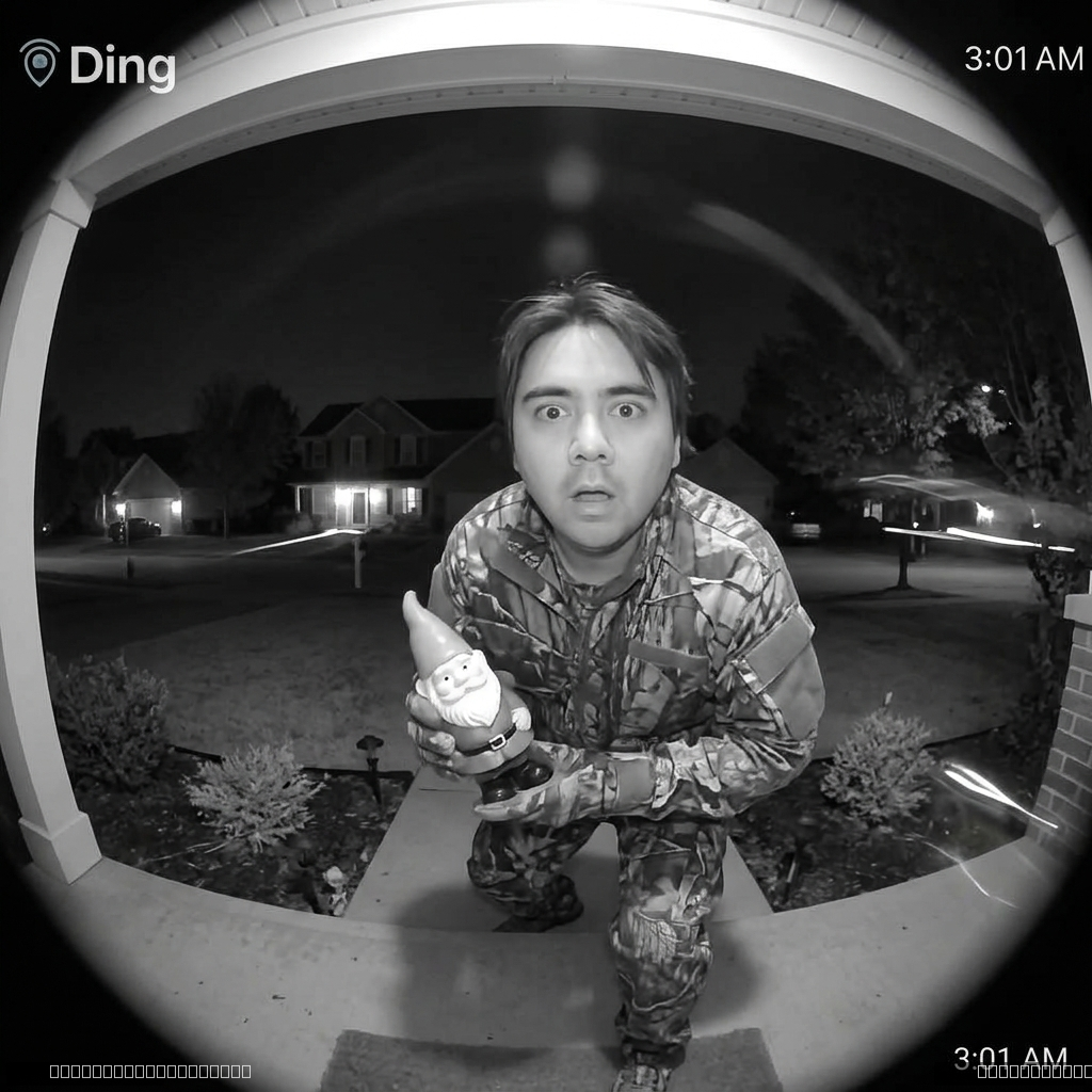 Caught on a DingDong doorbell camera stealing a garden gnome at 3 AM in full camouflage