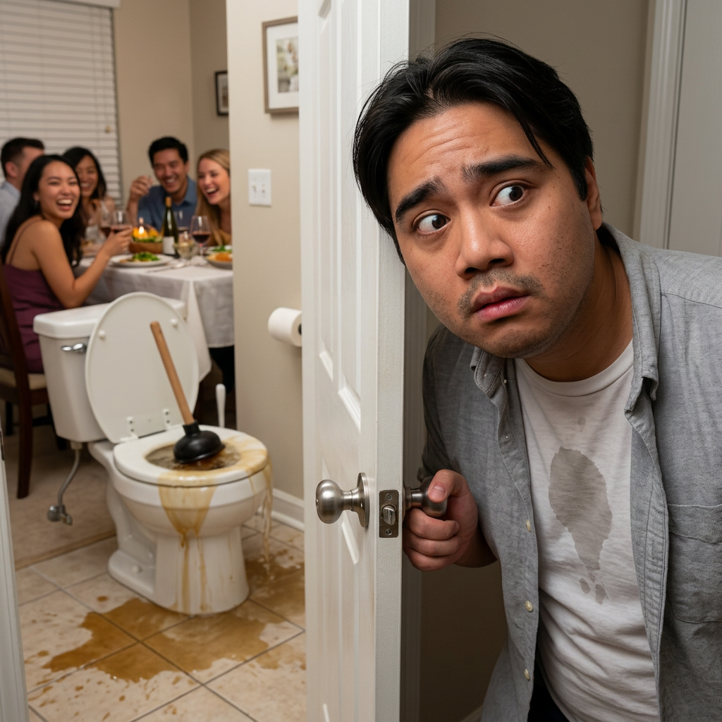 Clogging the toilet at a dinner party and sneaking out of the bathroom looking guilty