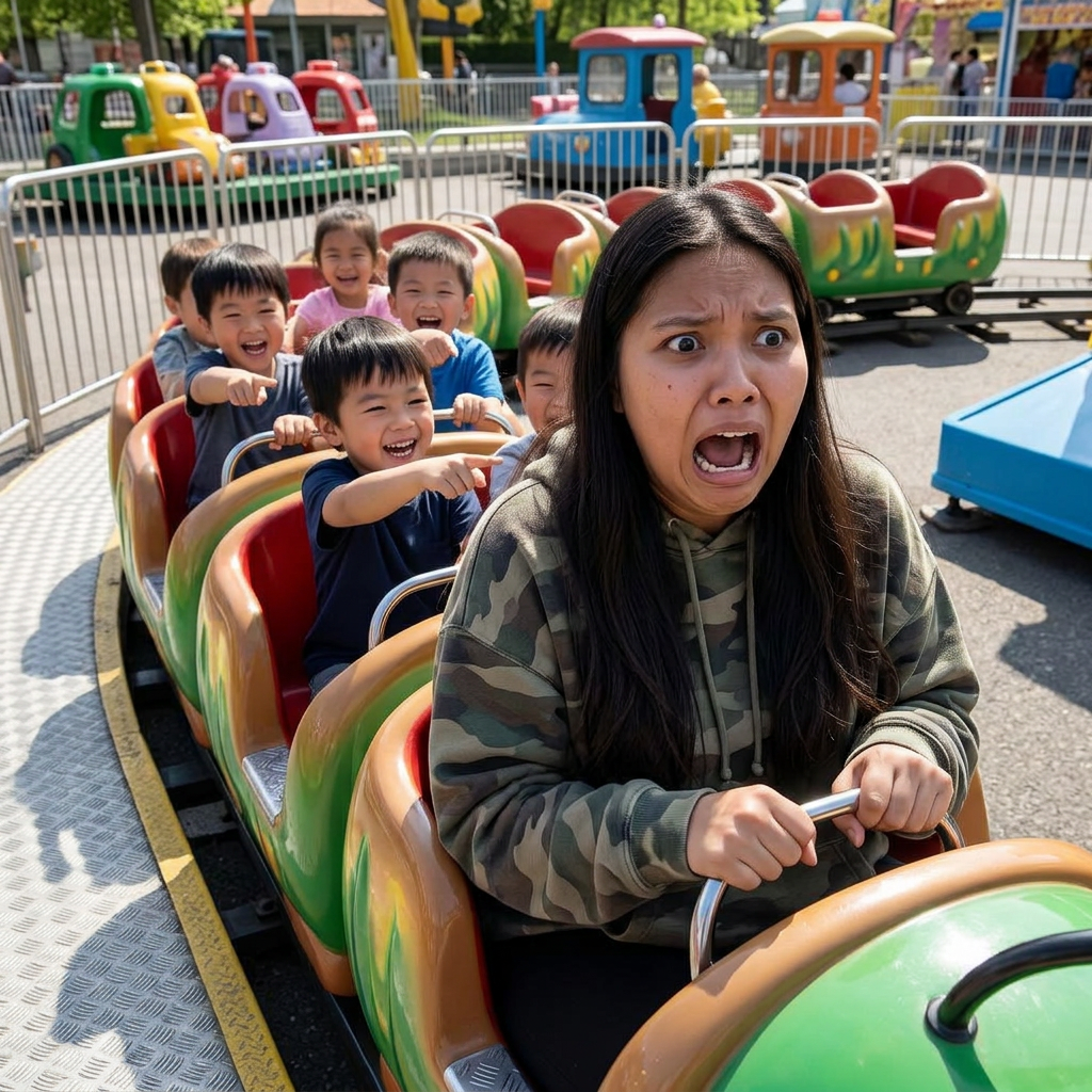 Stuck on a kiddie roller coaster, screaming in genuine terror while 5-year-olds laugh