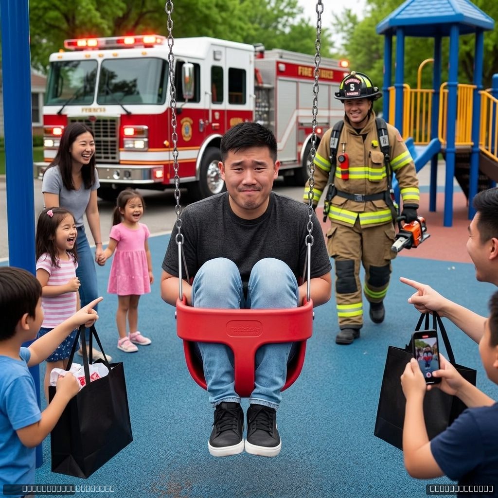 Stuck in a children's playground swing, fire department arriving
