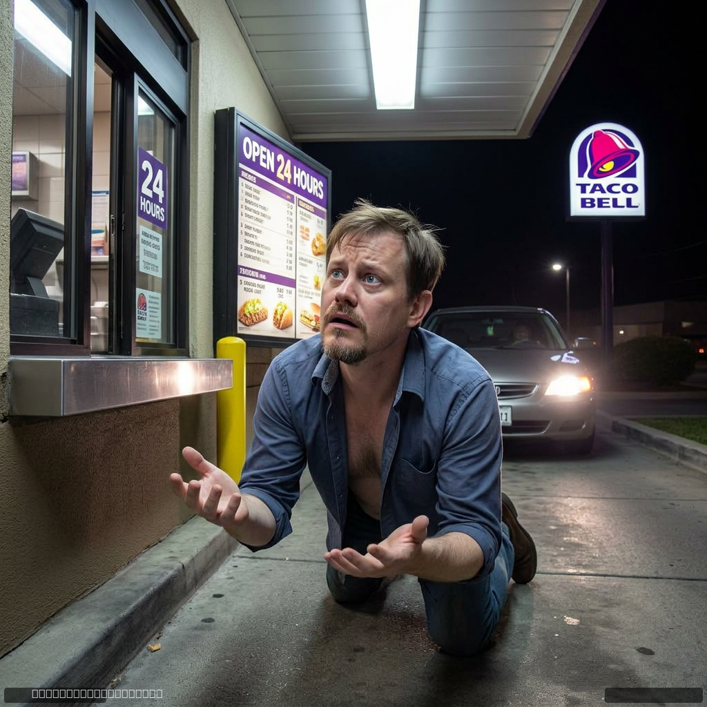 Crawling through a Taco Bell drive-through on foot at 4 AM, begging for a Crunchwrap