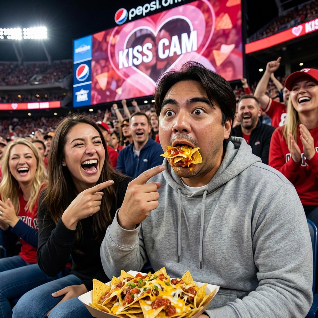 Caught on the kiss cam with their mouth completely full of nachos