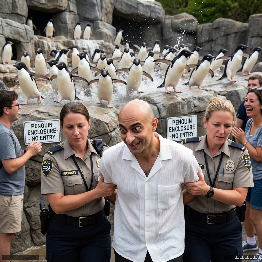 Being escorted out of a zoo for trying to get into the penguin enclosure, penguins fleeing